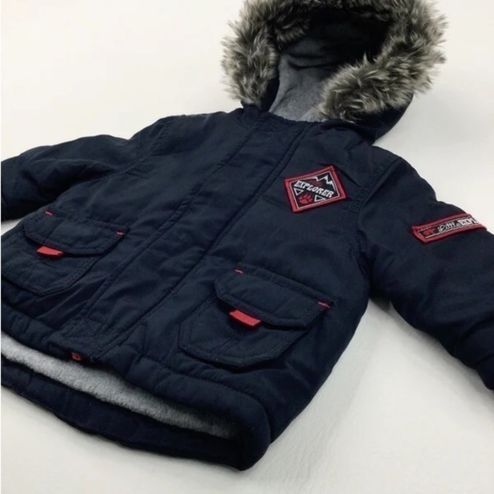 Little Explorer Navy Blue Red Fur Lined Parka Winter Coat Boy’s Size 3-6 months